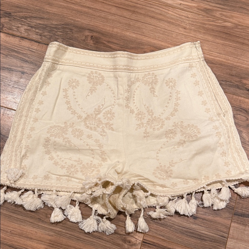 Zara High Waist Cream Tassel Shorts